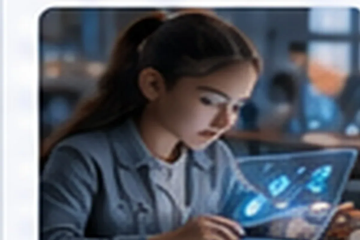 Students and educators using AI-assisted learning tools in a bright, modern educational setting.